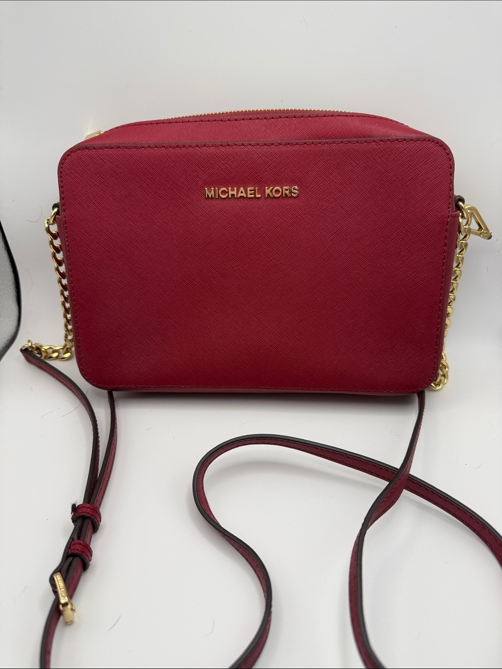MICHAEL KORS Burgundy Saffiano Crossbody Camera Bag with Gold Hardware